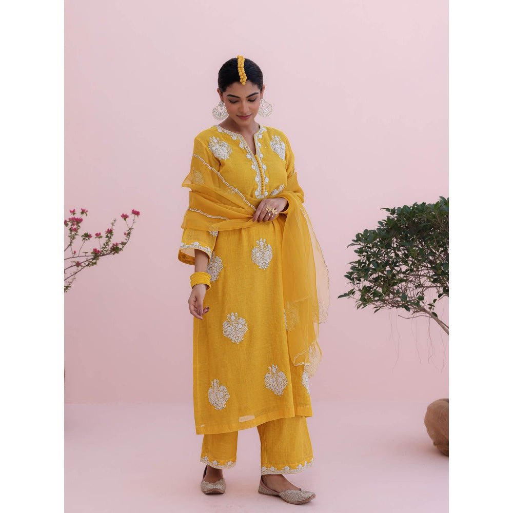 CHARU MAKKAR Mustard Yellow Kurta with Palazzo and Dupatta (Set of 3)