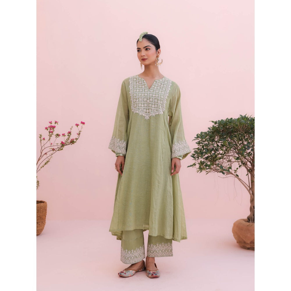 CHARU MAKKAR Kiara Elaichi Green Kurta with Palazzo (Set of 2)