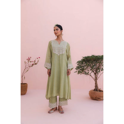 CHARU MAKKAR Kiara Elaichi Green Kurta with Palazzo (Set of 2)