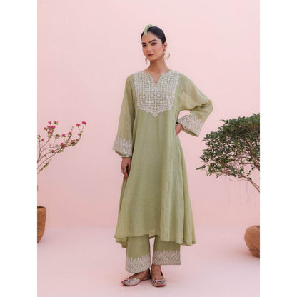 CHARU MAKKAR Kiara Elaichi Green Kurta with Palazzo (Set of 2)