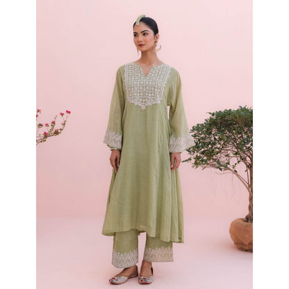 CHARU MAKKAR Kiara Elaichi Green Kurta with Palazzo (Set of 2)