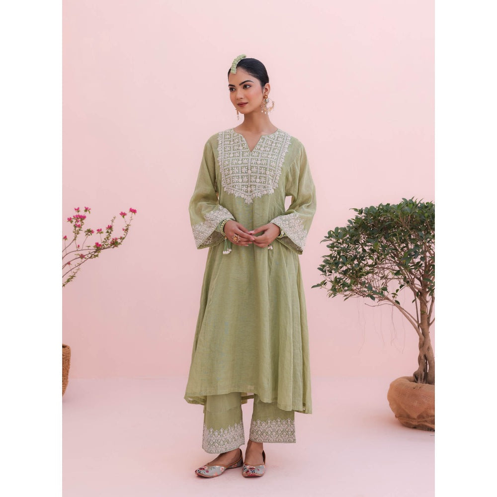 CHARU MAKKAR Kiara Elaichi Green Kurta with Palazzo (Set of 2)