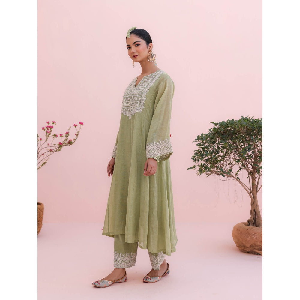 CHARU MAKKAR Kiara Elaichi Green Kurta with Palazzo (Set of 2)
