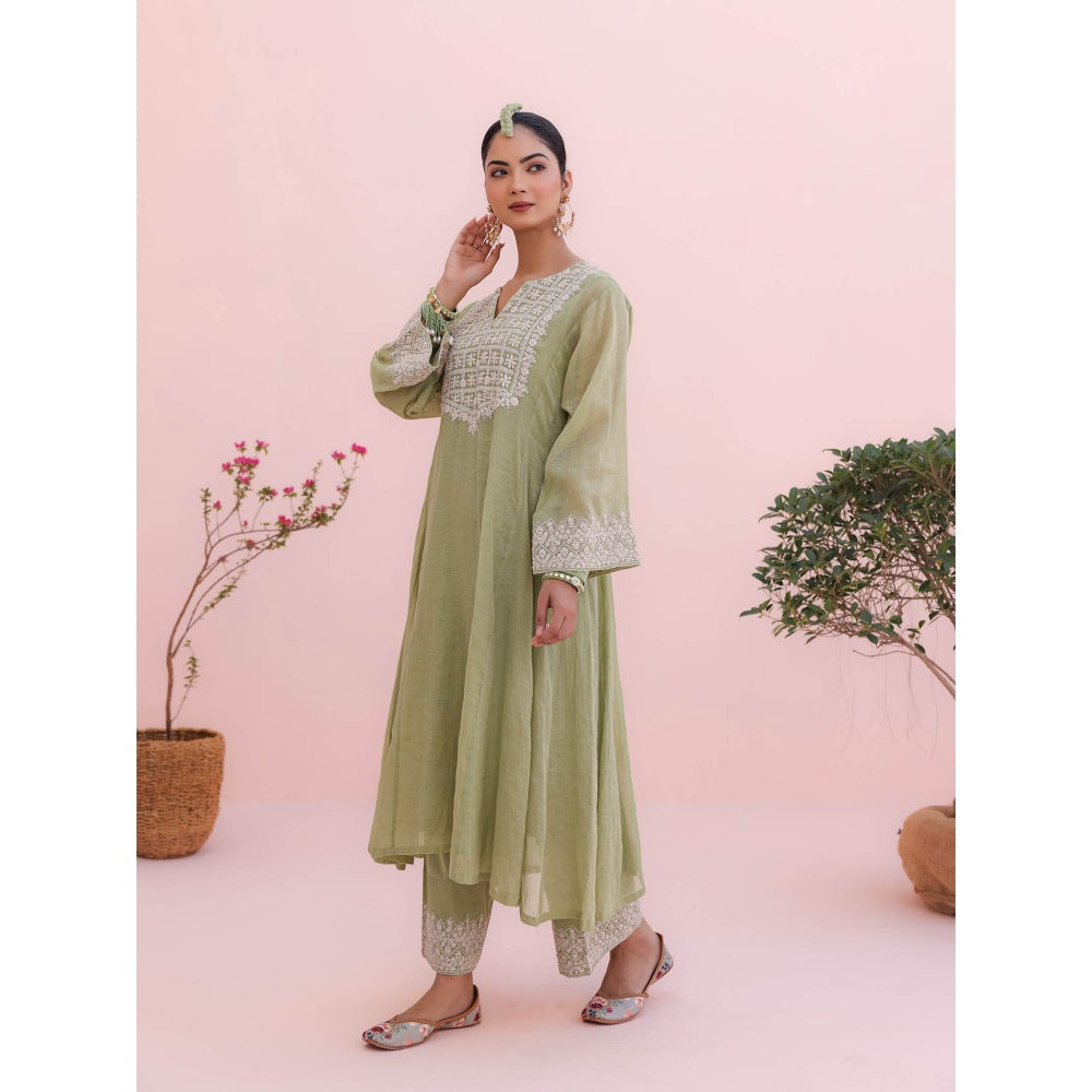 CHARU MAKKAR Kiara Elaichi Green Kurta with Palazzo (Set of 2)