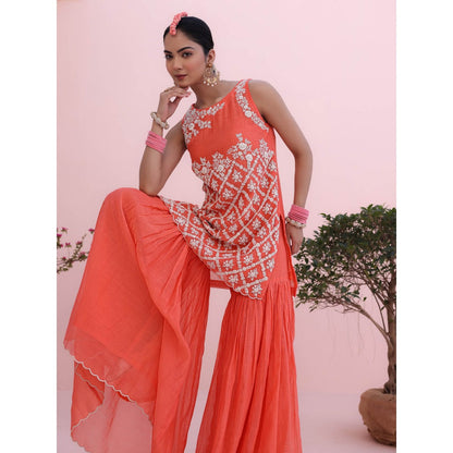 CHARU MAKKAR Coral Kurta with Sharara and Dupatta (Set of 3)