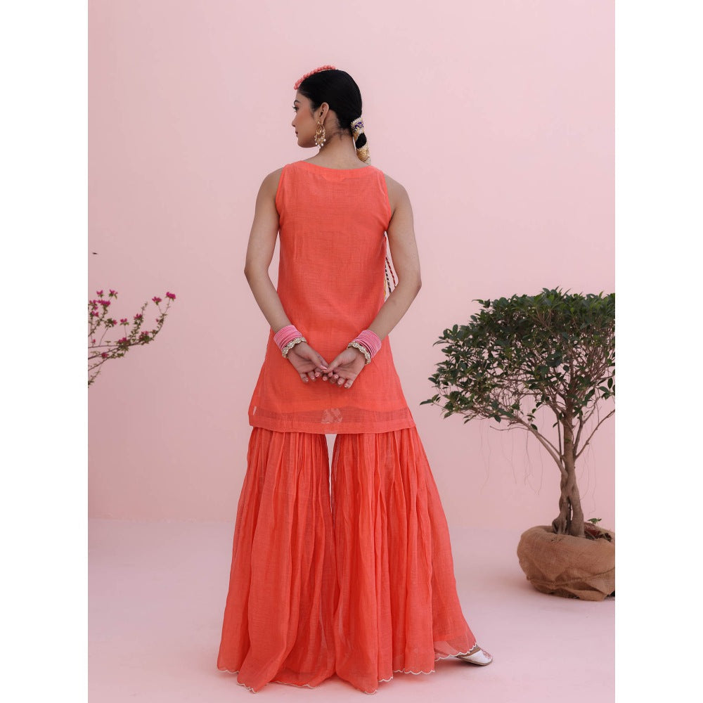 CHARU MAKKAR Coral Kurta with Sharara and Dupatta (Set of 3)