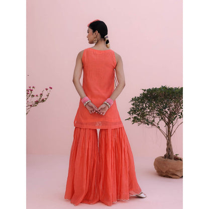 CHARU MAKKAR Coral Kurta with Sharara and Dupatta (Set of 3)