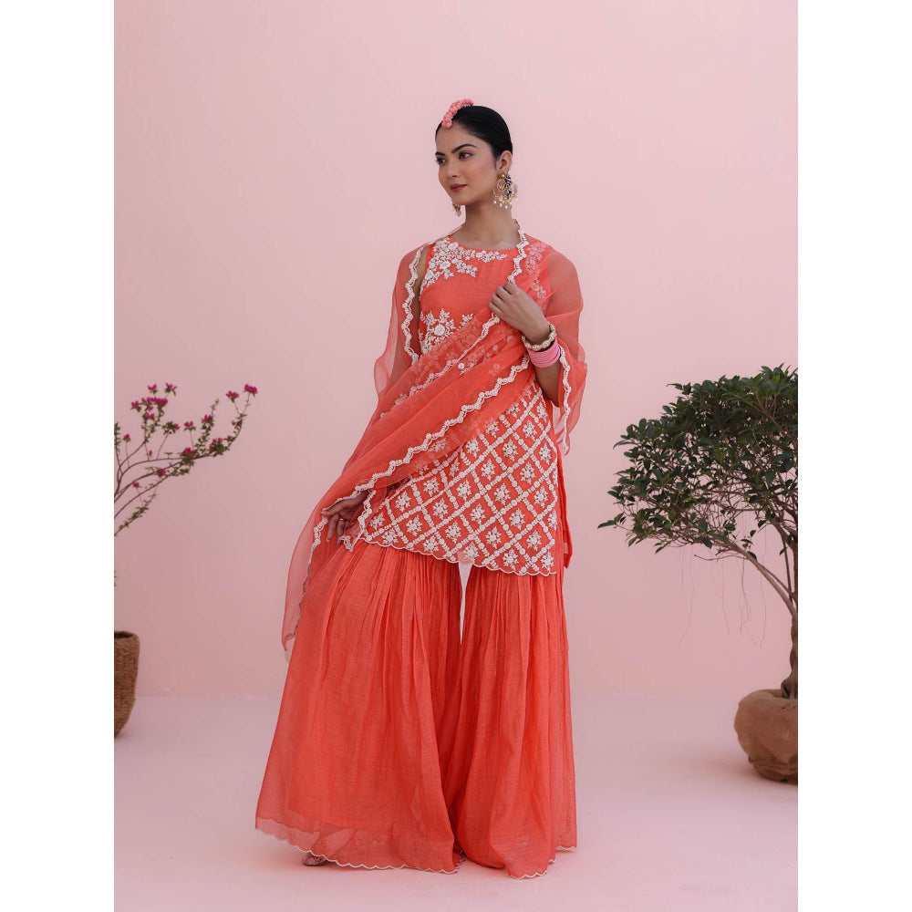 CHARU MAKKAR Coral Kurta with Sharara and Dupatta (Set of 3)