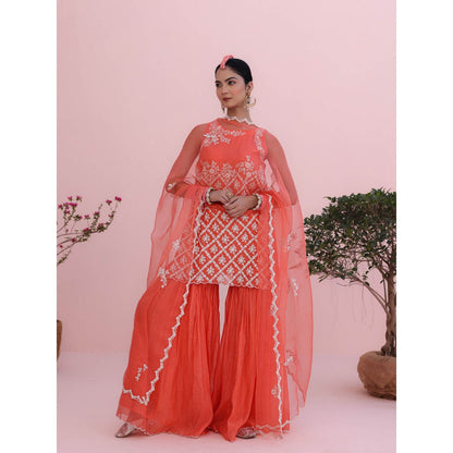 CHARU MAKKAR Coral Kurta with Sharara and Dupatta (Set of 3)