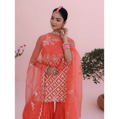 CHARU MAKKAR Coral Kurta with Sharara and Dupatta (Set of 3)