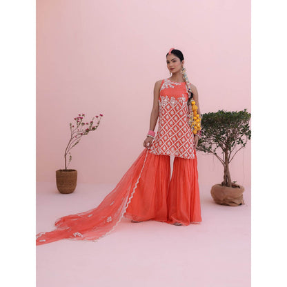 CHARU MAKKAR Coral Kurta with Sharara and Dupatta (Set of 3)