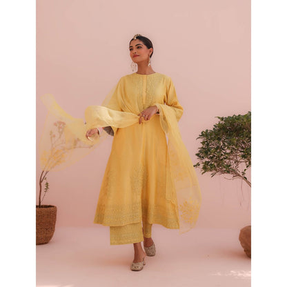 CHARU MAKKAR Tina Lemon Yellow Kurta with Pant and Dupatta (Set of 3)