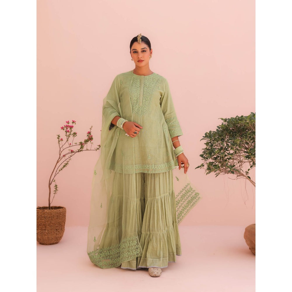 CHARU MAKKAR Pihu Elaichi Green Kurti with Sharara and Dupatta (Set of 3)