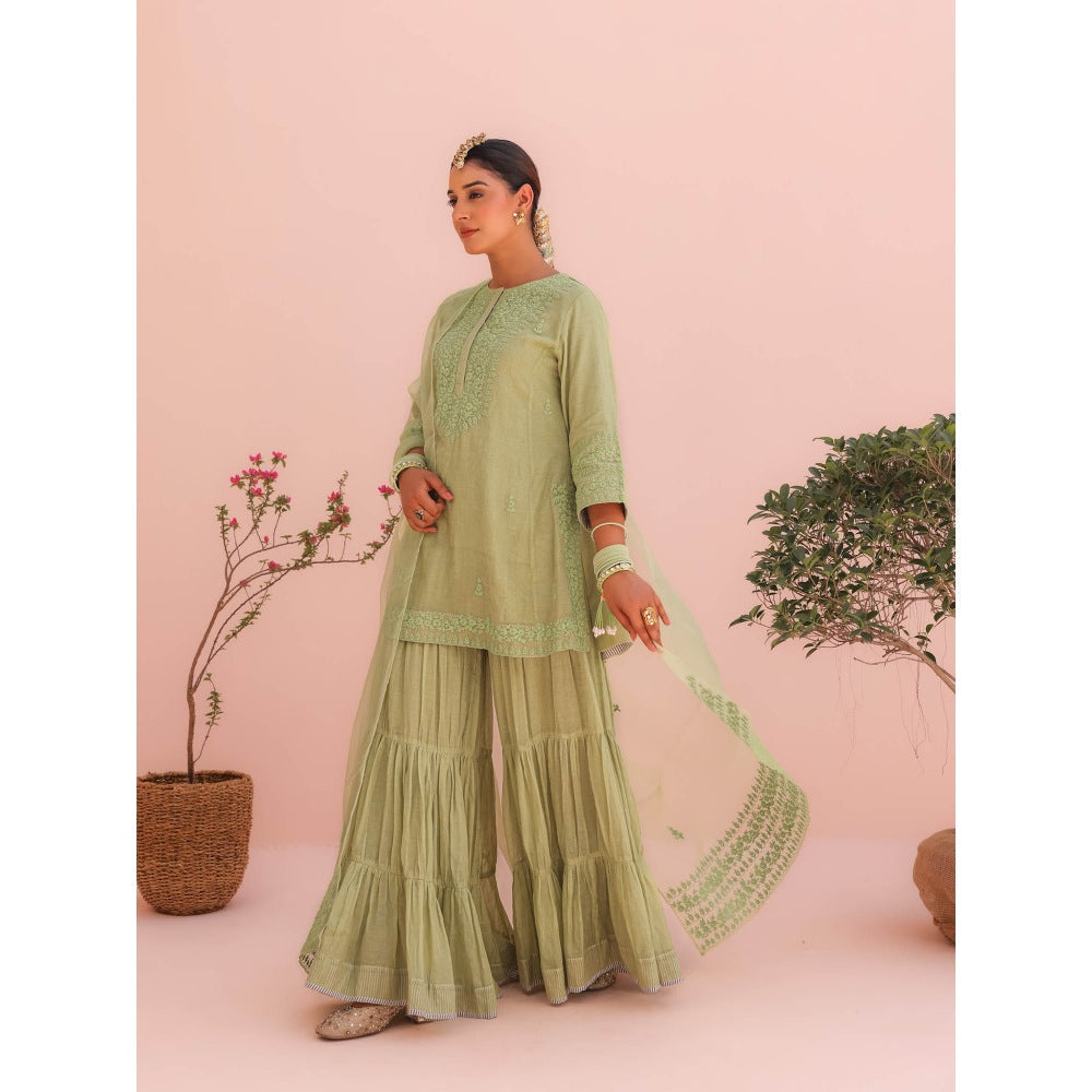 CHARU MAKKAR Pihu Elaichi Green Kurti with Sharara and Dupatta (Set of 3)