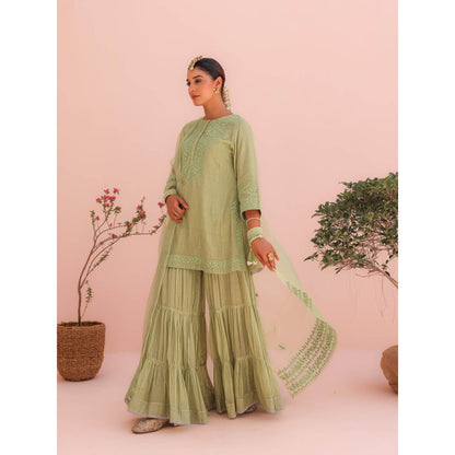 CHARU MAKKAR Pihu Elaichi Green Kurti with Sharara and Dupatta (Set of 3)