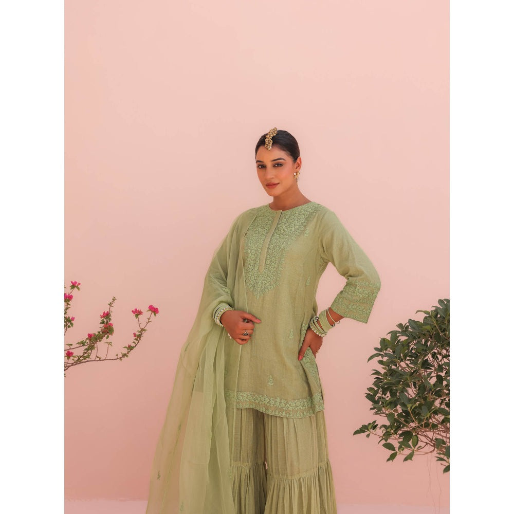 CHARU MAKKAR Pihu Elaichi Green Kurti with Sharara and Dupatta (Set of 3)