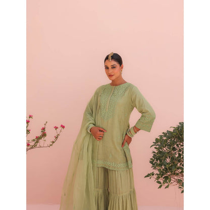 CHARU MAKKAR Pihu Elaichi Green Kurti with Sharara and Dupatta (Set of 3)