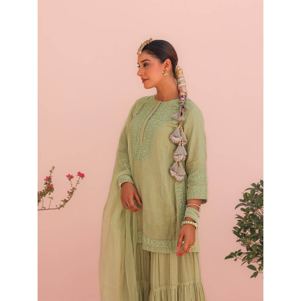 CHARU MAKKAR Pihu Elaichi Green Kurti with Sharara and Dupatta (Set of 3)