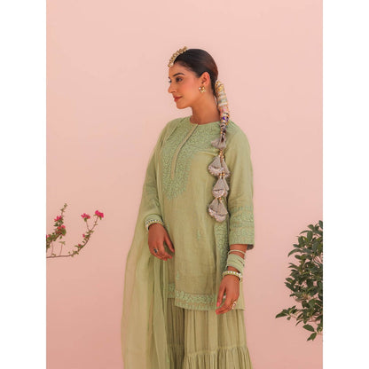 CHARU MAKKAR Pihu Elaichi Green Kurti with Sharara and Dupatta (Set of 3)