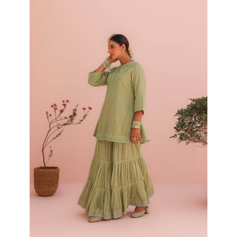 CHARU MAKKAR Pihu Elaichi Green Kurti with Sharara and Dupatta (Set of 3)