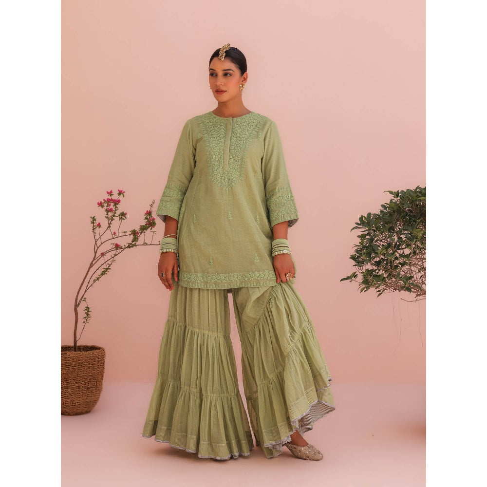 CHARU MAKKAR Pihu Elaichi Green Kurti with Sharara and Dupatta (Set of 3)