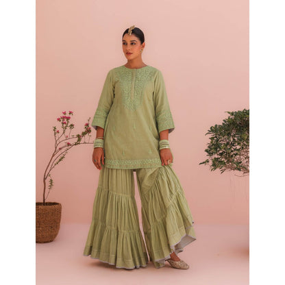 CHARU MAKKAR Pihu Elaichi Green Kurti with Sharara and Dupatta (Set of 3)