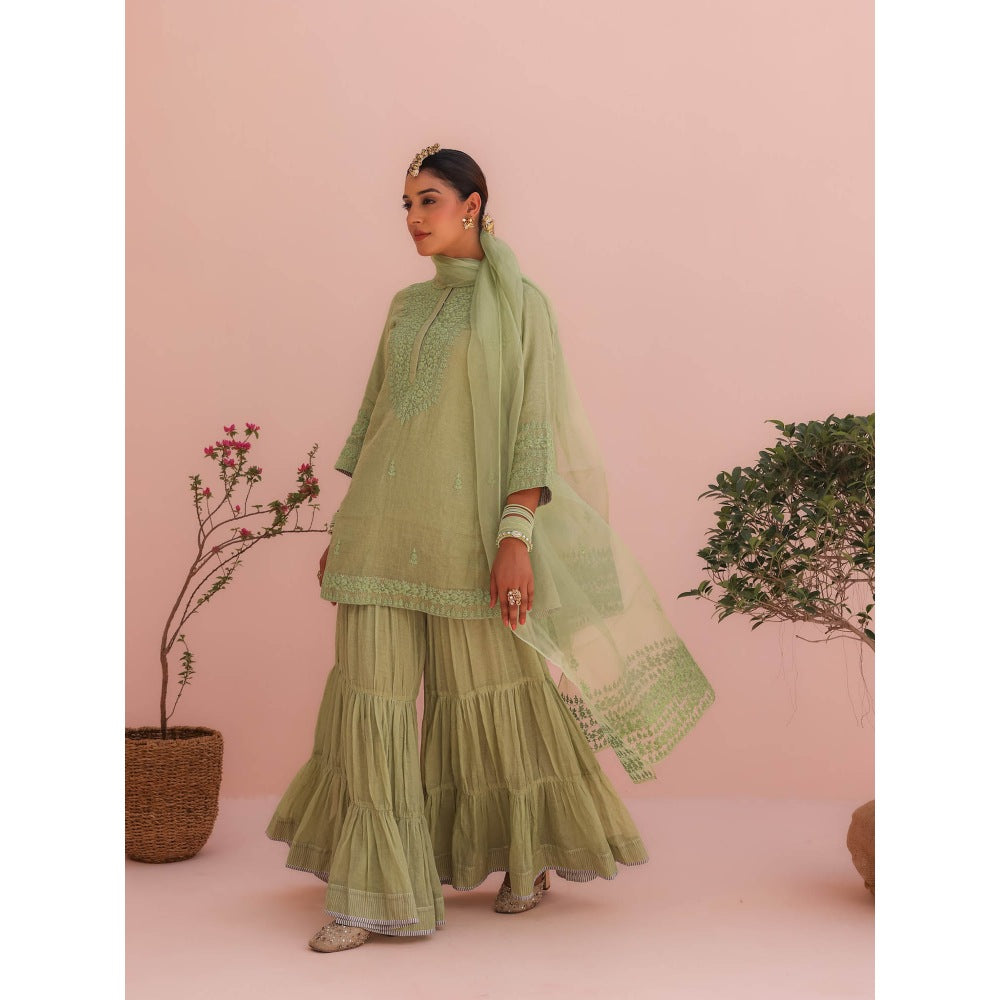 CHARU MAKKAR Pihu Elaichi Green Kurti with Sharara and Dupatta (Set of 3)