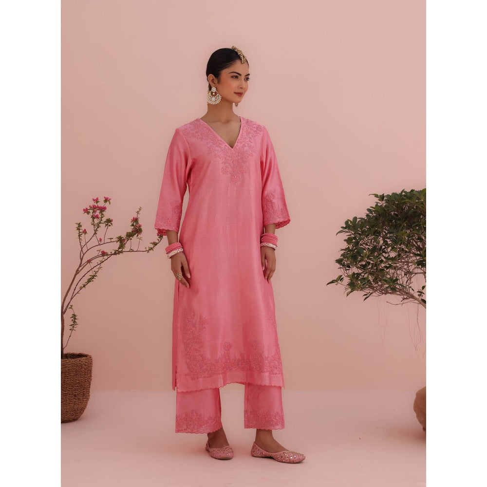 CHARU MAKKAR Isha Rose Pink Kurta with Palazzo and Dupatta (Set of 3)