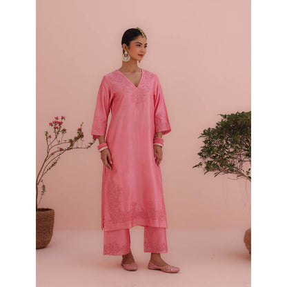CHARU MAKKAR Isha Rose Pink Kurta with Palazzo and Dupatta (Set of 3)