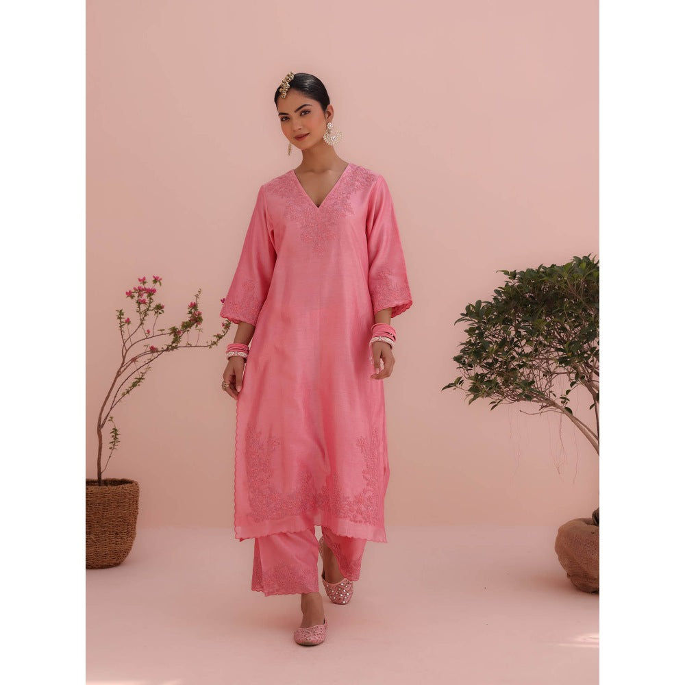 CHARU MAKKAR Isha Rose Pink Kurta with Palazzo and Dupatta (Set of 3)