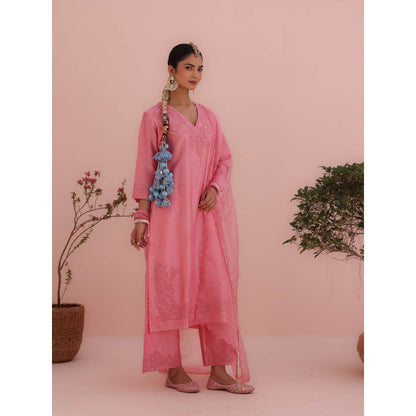 CHARU MAKKAR Isha Rose Pink Kurta with Palazzo and Dupatta (Set of 3)