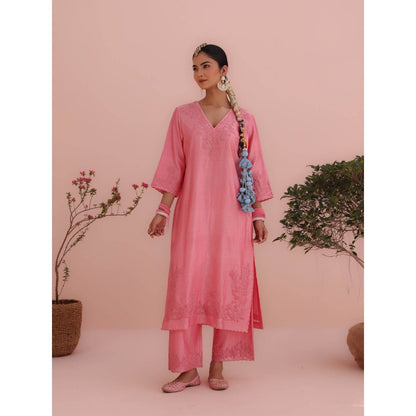 CHARU MAKKAR Isha Rose Pink Kurta with Palazzo and Dupatta (Set of 3)