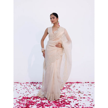 CHARU MAKKAR Myra Pearl White Saree with Stitched Blouse