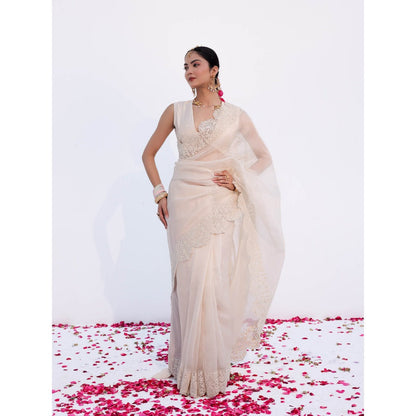 CHARU MAKKAR Myra Pearl White Saree with Stitched Blouse