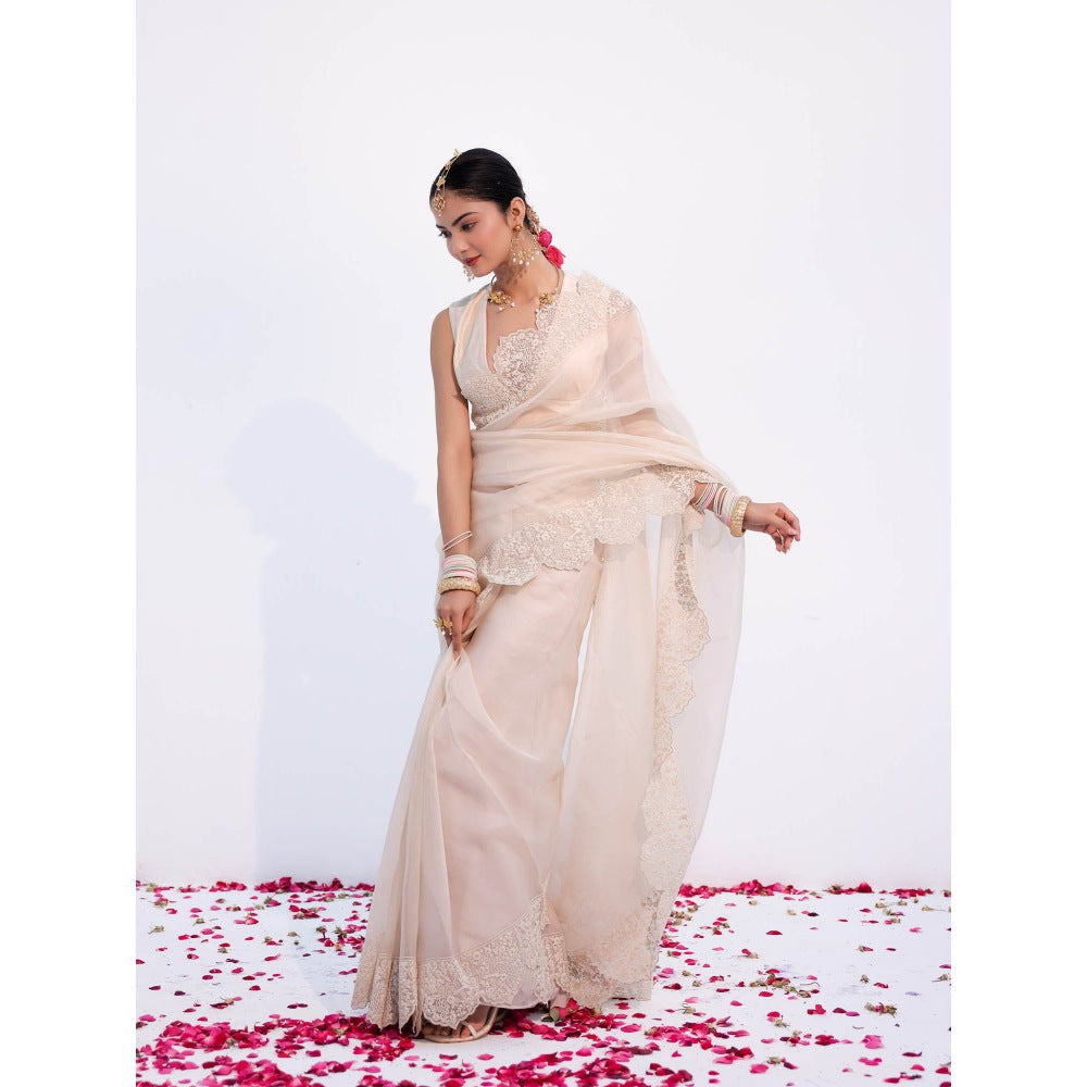CHARU MAKKAR Myra Pearl White Saree with Stitched Blouse