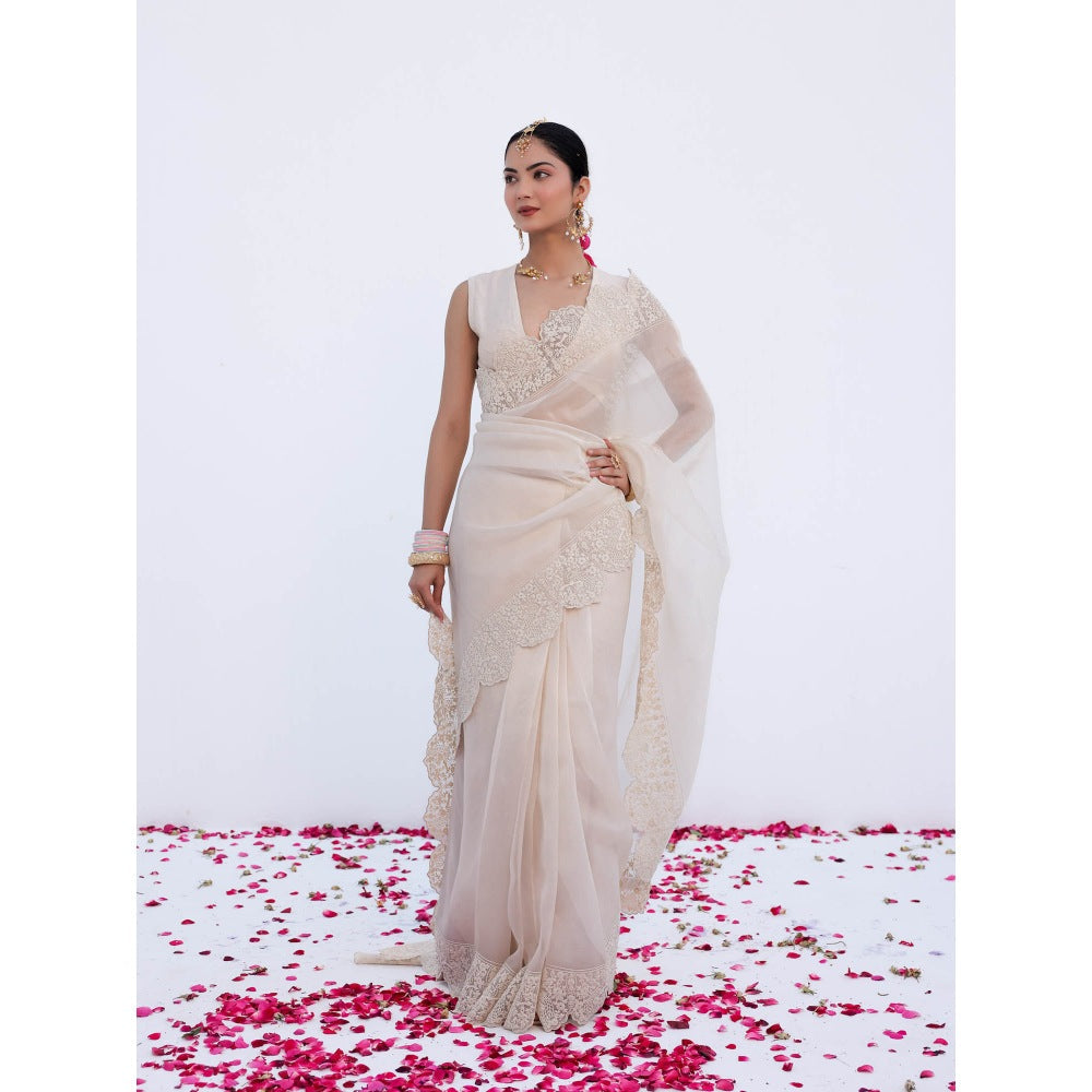 CHARU MAKKAR Myra Pearl White Saree with Stitched Blouse