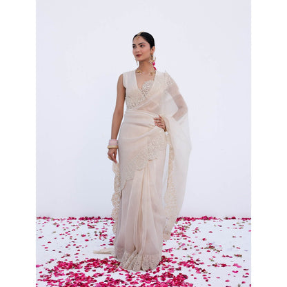 CHARU MAKKAR Myra Pearl White Saree with Stitched Blouse