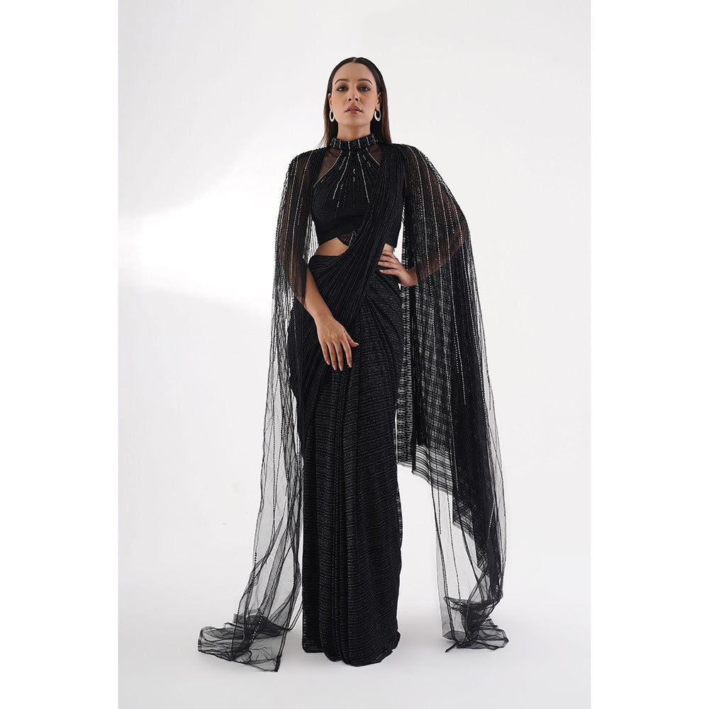 CHAASHNI BY MAANSI & KETAN Black Embellished Cape Style Drape Saree with Stitched Blouse