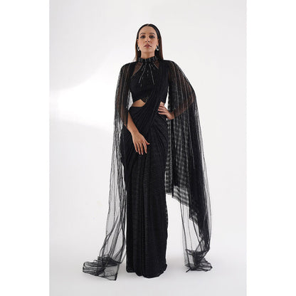 CHAASHNI BY MAANSI & KETAN Black Embellished Cape Style Drape Saree with Stitched Blouse