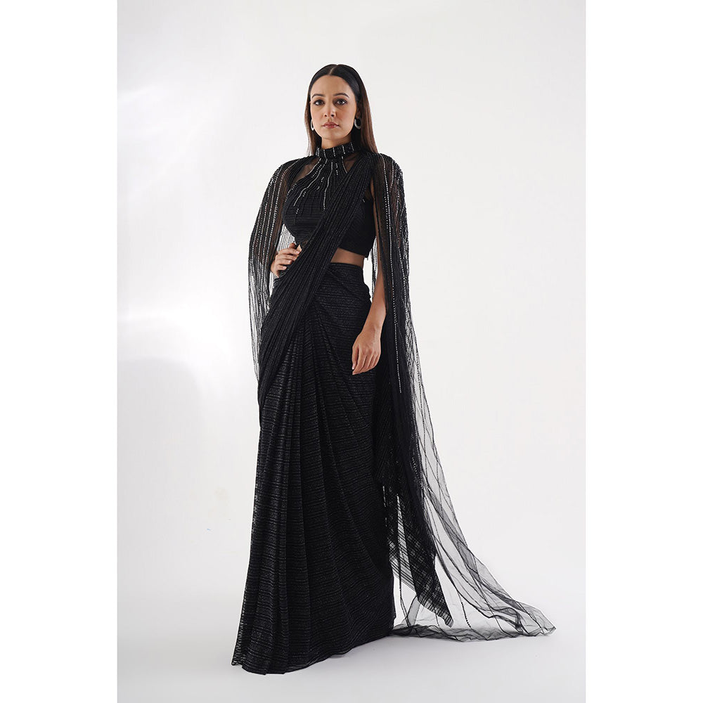 CHAASHNI BY MAANSI & KETAN Black Embellished Cape Style Drape Saree with Stitched Blouse
