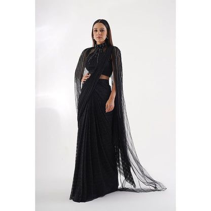 CHAASHNI BY MAANSI & KETAN Black Embellished Cape Style Drape Saree with Stitched Blouse
