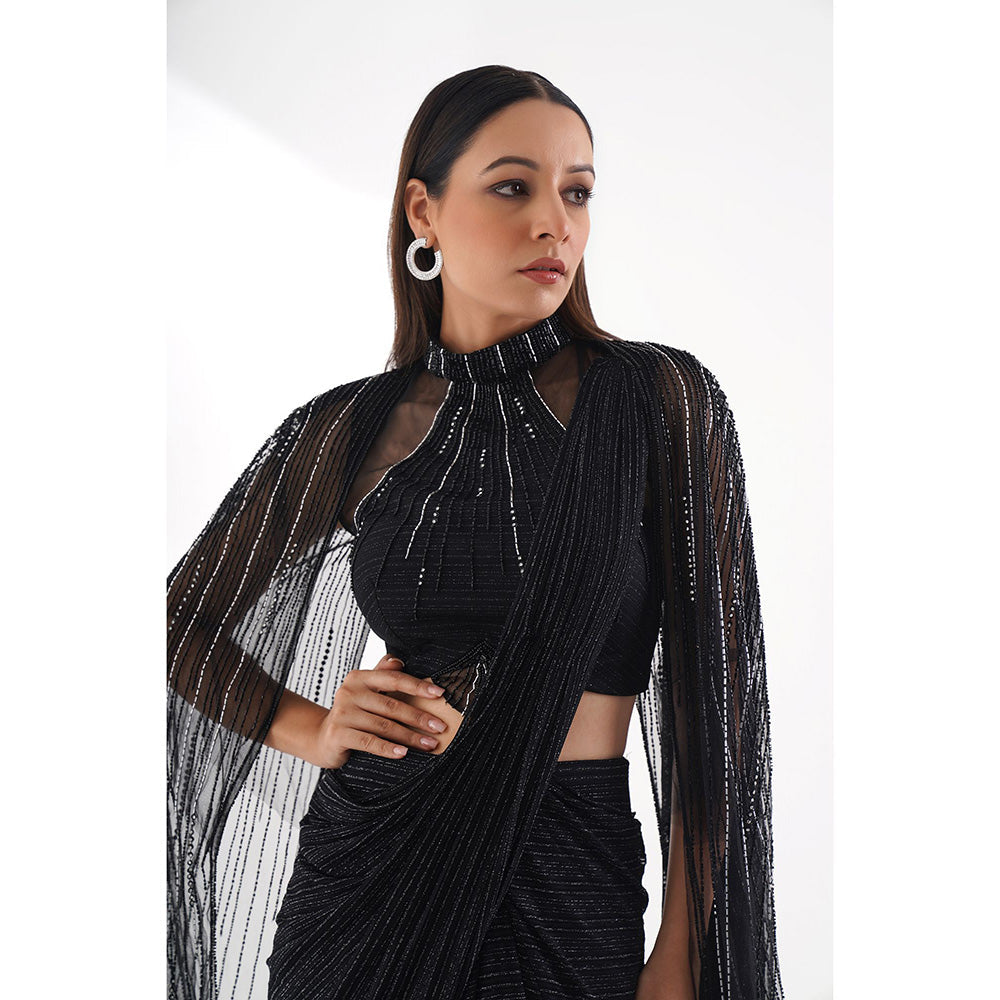 CHAASHNI BY MAANSI & KETAN Black Embellished Cape Style Drape Saree with Stitched Blouse