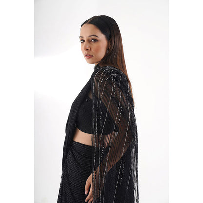 CHAASHNI BY MAANSI & KETAN Black Embellished Cape Style Drape Saree with Stitched Blouse