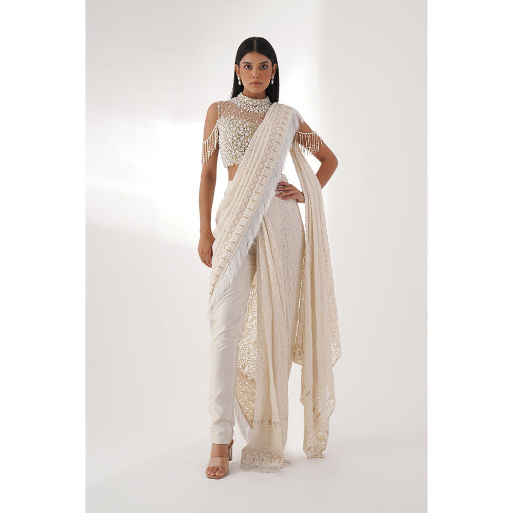 CHAASHNI BY MAANSI & KETAN Off-White Embellished Pre-Drape Saree with Pant and Stitched Blouse
