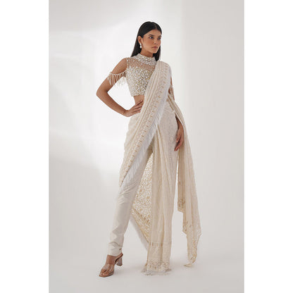 CHAASHNI BY MAANSI & KETAN Off-White Embellished Pre-Drape Saree with Pant and Stitched Blouse