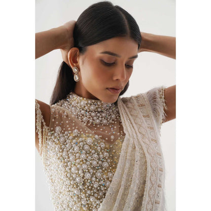 CHAASHNI BY MAANSI & KETAN Off-White Embellished Pre-Drape Saree with Pant and Stitched Blouse