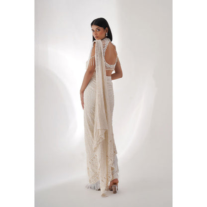 CHAASHNI BY MAANSI & KETAN Off-White Embellished Pre-Drape Saree with Pant and Stitched Blouse