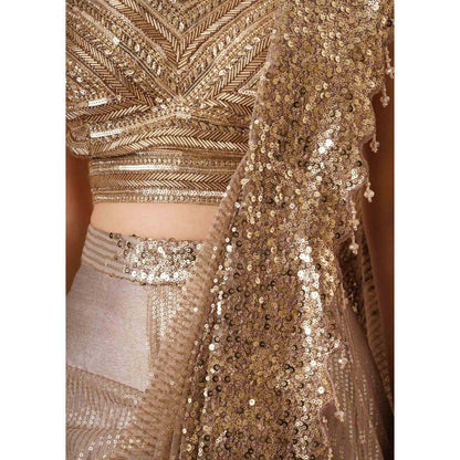 CHAASHNI BY MAANSI & KETAN Embellished Gold Pre-Drape Saree with Stitched Blouse