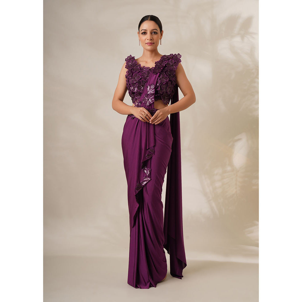 CHAASHNI BY MAANSI & KETAN Purple Resham Embroidered Pre-Drape Saree with Stitched Blouse