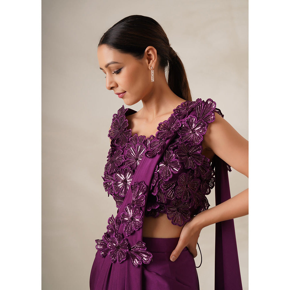 CHAASHNI BY MAANSI & KETAN Purple Resham Embroidered Pre-Drape Saree with Stitched Blouse
